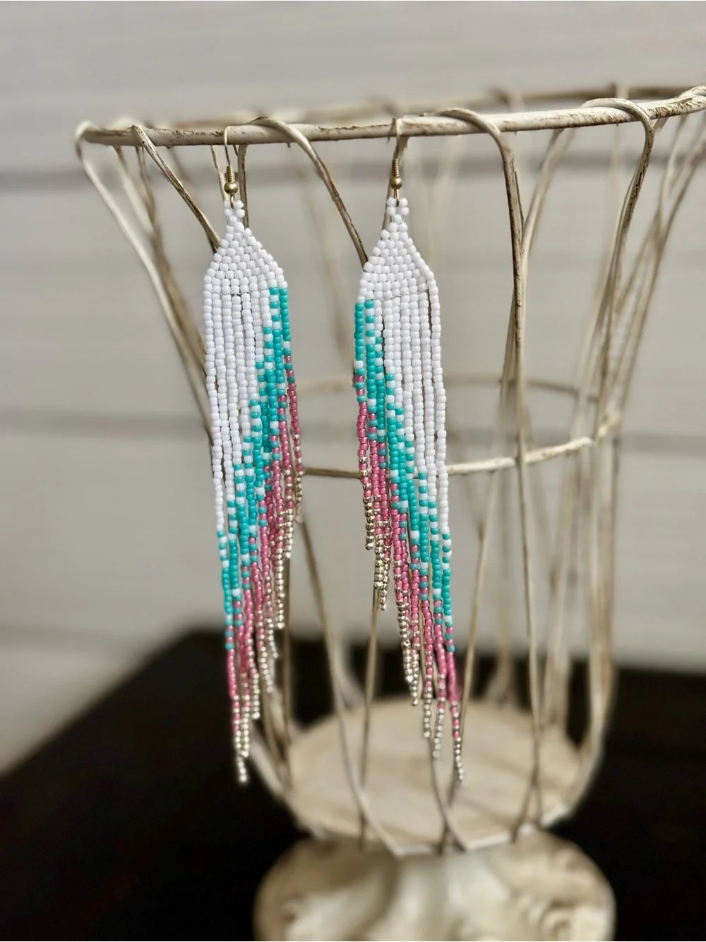 White Turquoise Pink Gold Long Fringe Beaded Earrings Cowgirl Boho Festival Wear